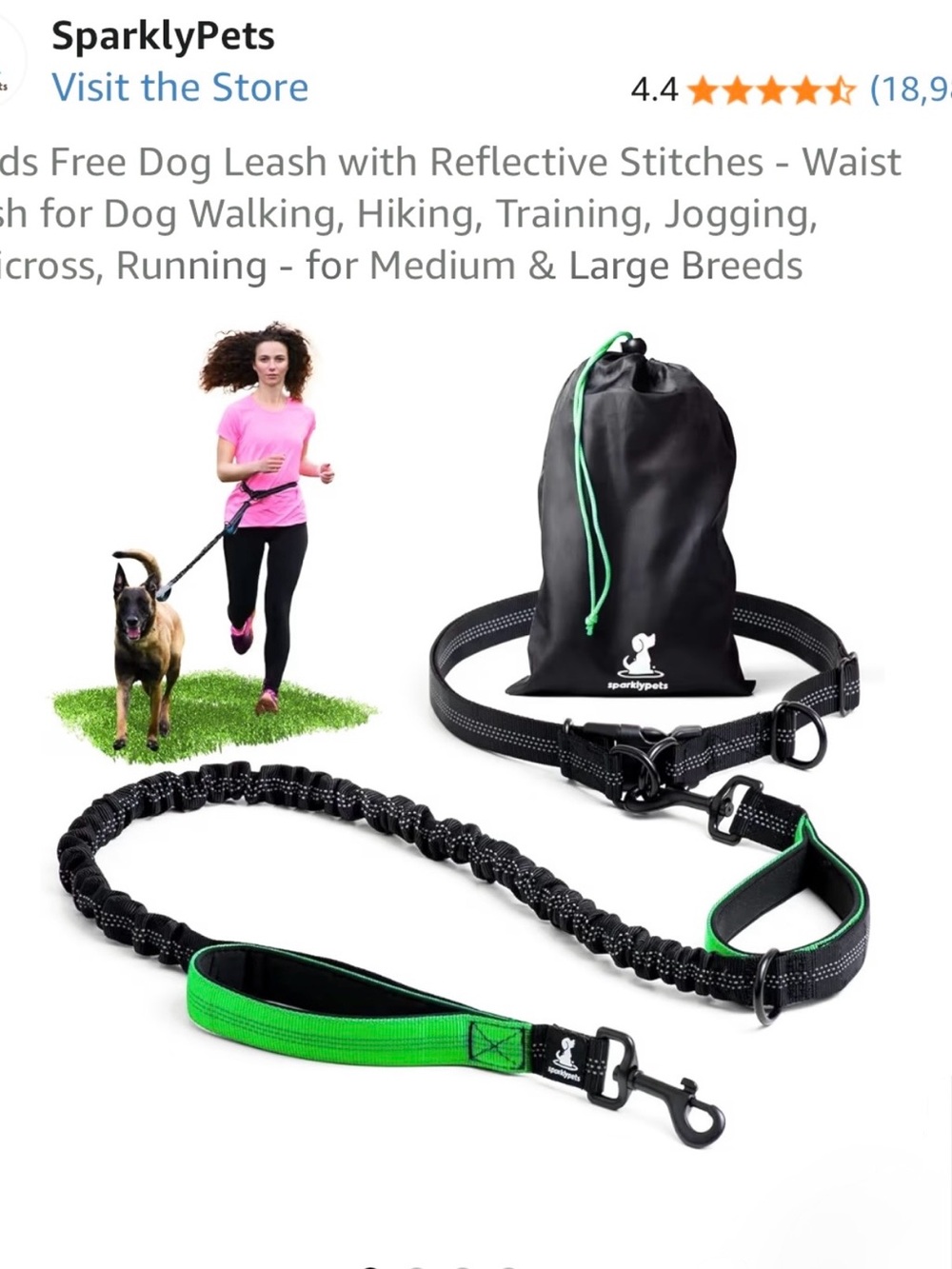 Hands-Free Reflective Dog Leash in Black & Green